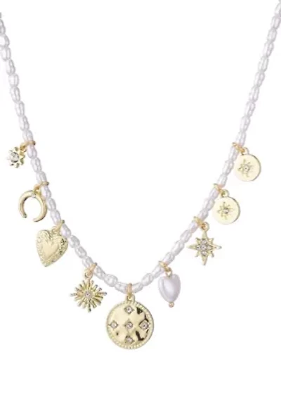 14k Gold Plated Vintage Charm Pearl Strand Necklace