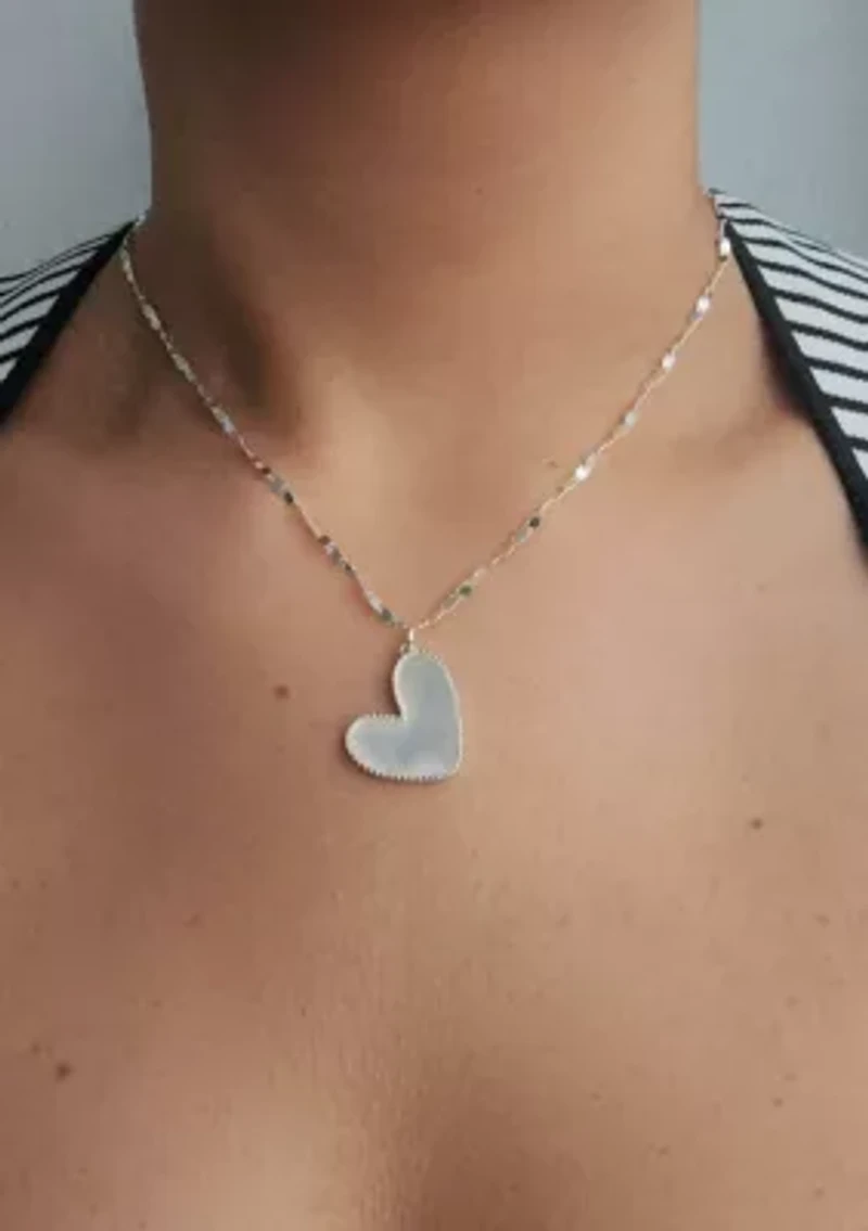 Silver Plated Mother of Pearl Beaded Edge Heart Necklace