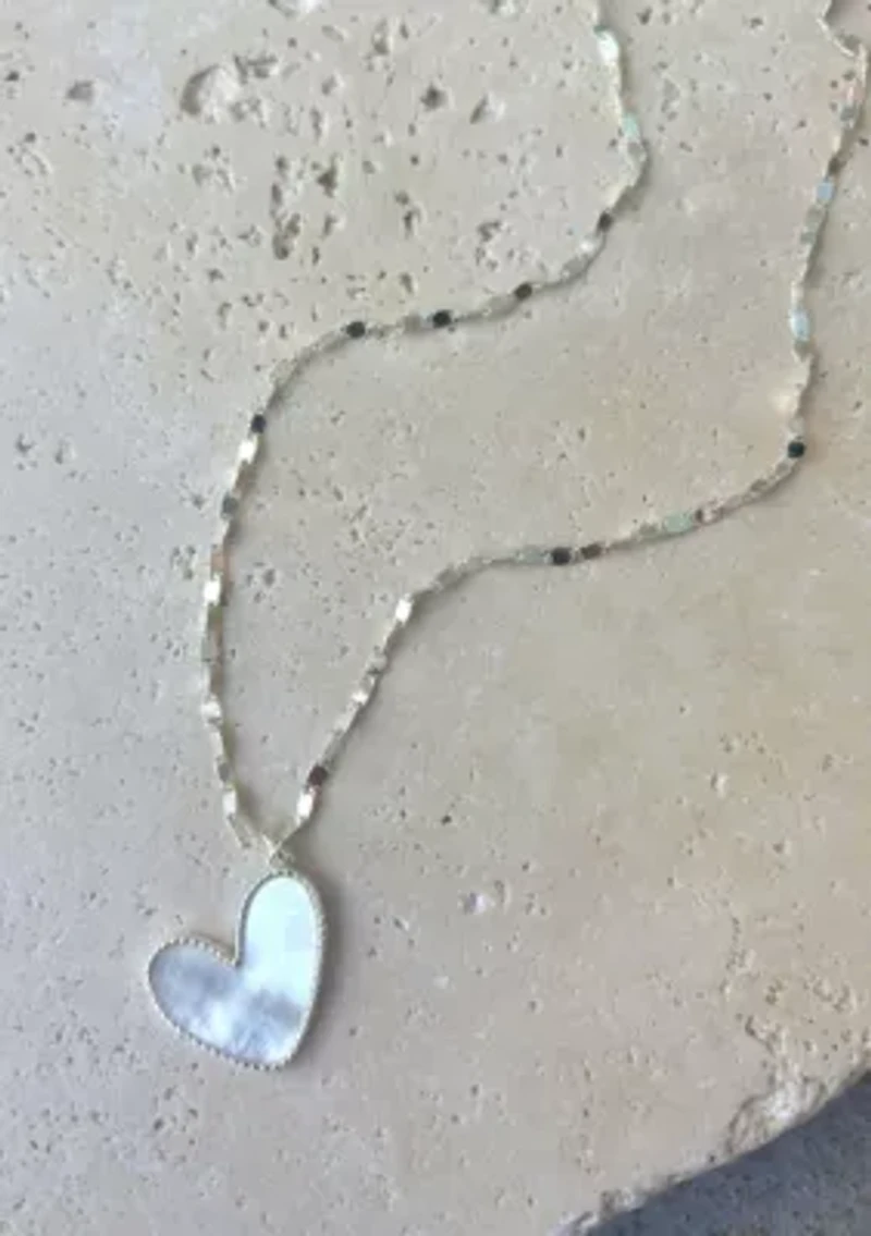 Silver Plated Mother of Pearl Beaded Edge Heart Necklace