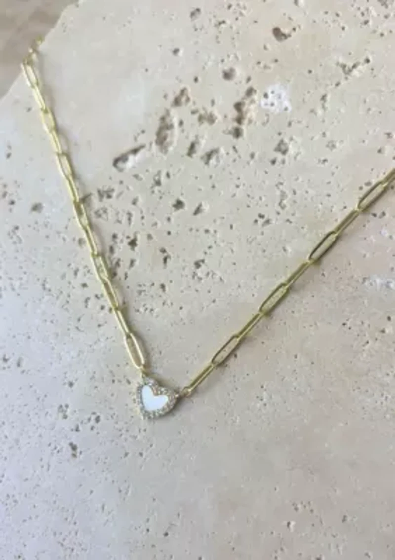 14k Gold Plated Mother of Pearl Mini Heart Chain Necklace