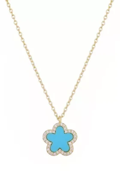 14k Gold Plated Turquoise CZ Halo 5-Leaf Clover Necklace