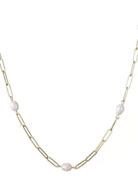 14k Gold Plated Freshwater Pearl Station Paper Clip Chain Necklace