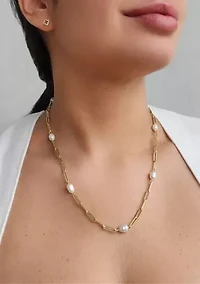 14k Gold Plated Freshwater Pearl Station Paper Clip Chain Necklace