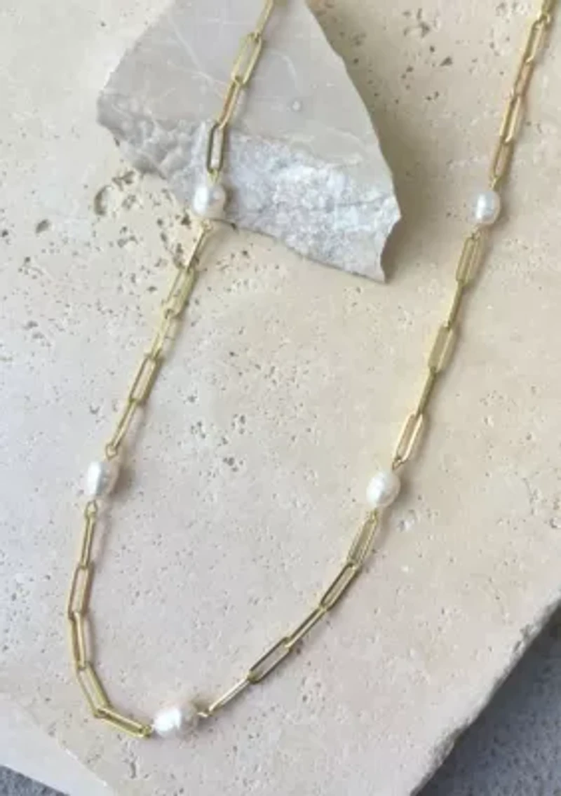 14k Gold Plated Freshwater Pearl Station Paper Clip Chain Necklace