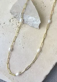 14k Gold Plated Freshwater Pearl Station Paper Clip Chain Necklace