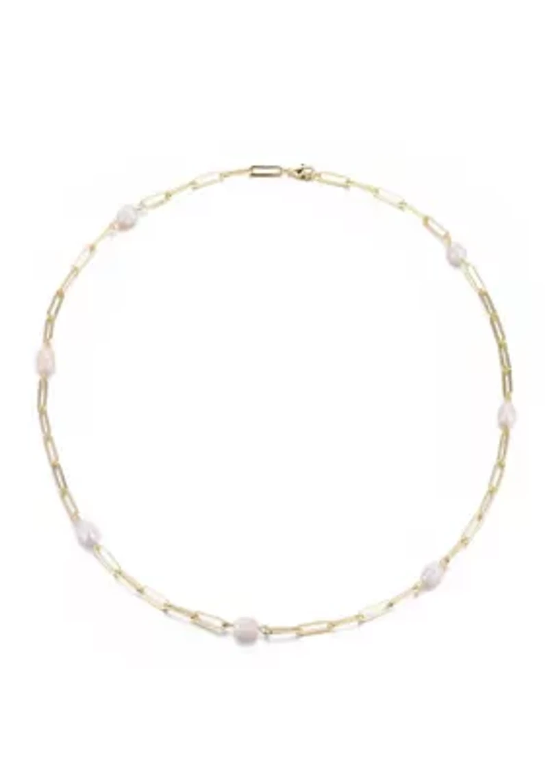 14k Gold Plated Freshwater Pearl Station Paper Clip Chain Necklace