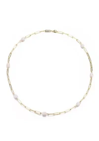 14k Gold Plated Freshwater Pearl Station Paper Clip Chain Necklace