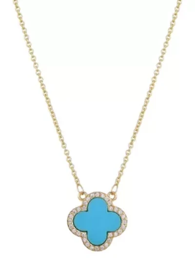 14k Gold Plated Turquoise CZ Halo Clover Necklace