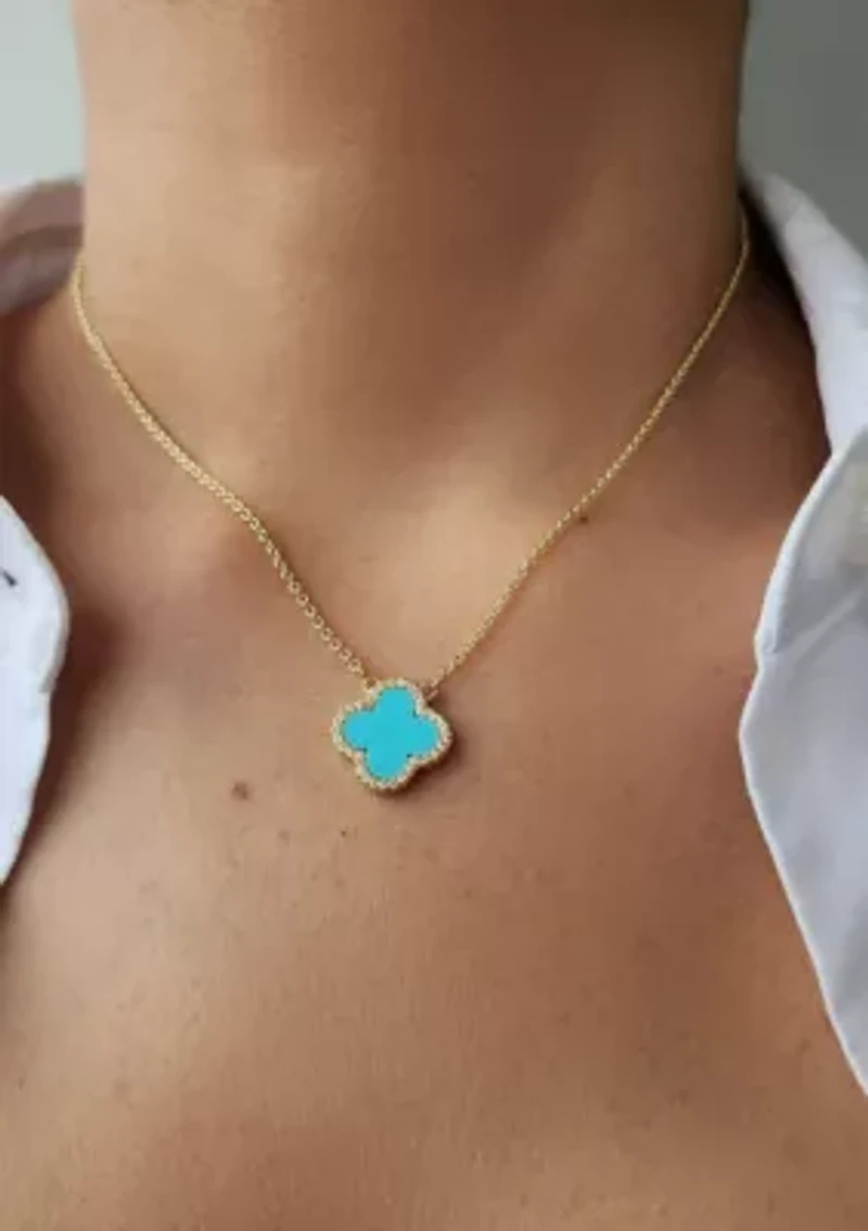 14k Gold Plated Turquoise CZ Halo Clover Necklace