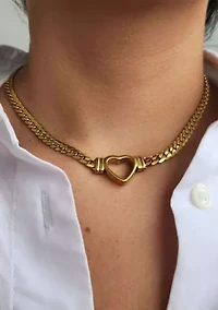 Tarnish Resistant 18k Gold Plated Flat Curb Chain Heart Necklace
