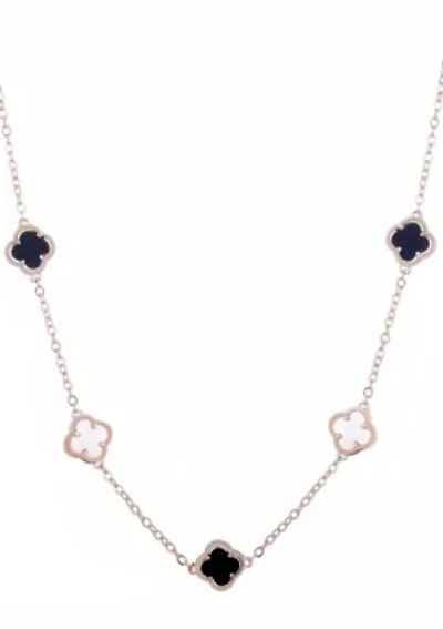 14k Rose Gold Plated Mixed Black and White Clover Station Necklace