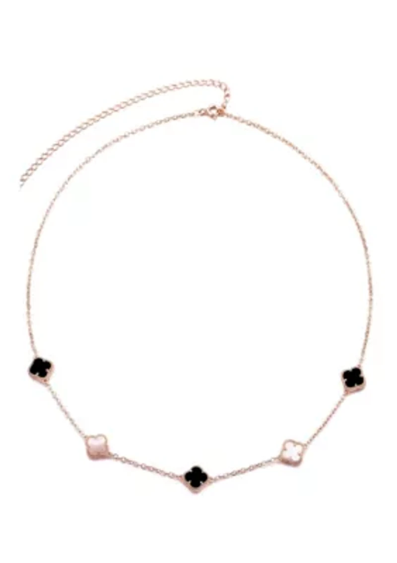 14k Rose Gold Plated Mixed Black and White Clover Station Necklace
