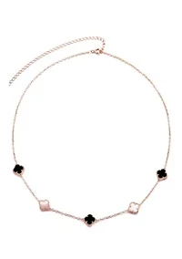 14k Rose Gold Plated Mixed Black and White Clover Station Necklace