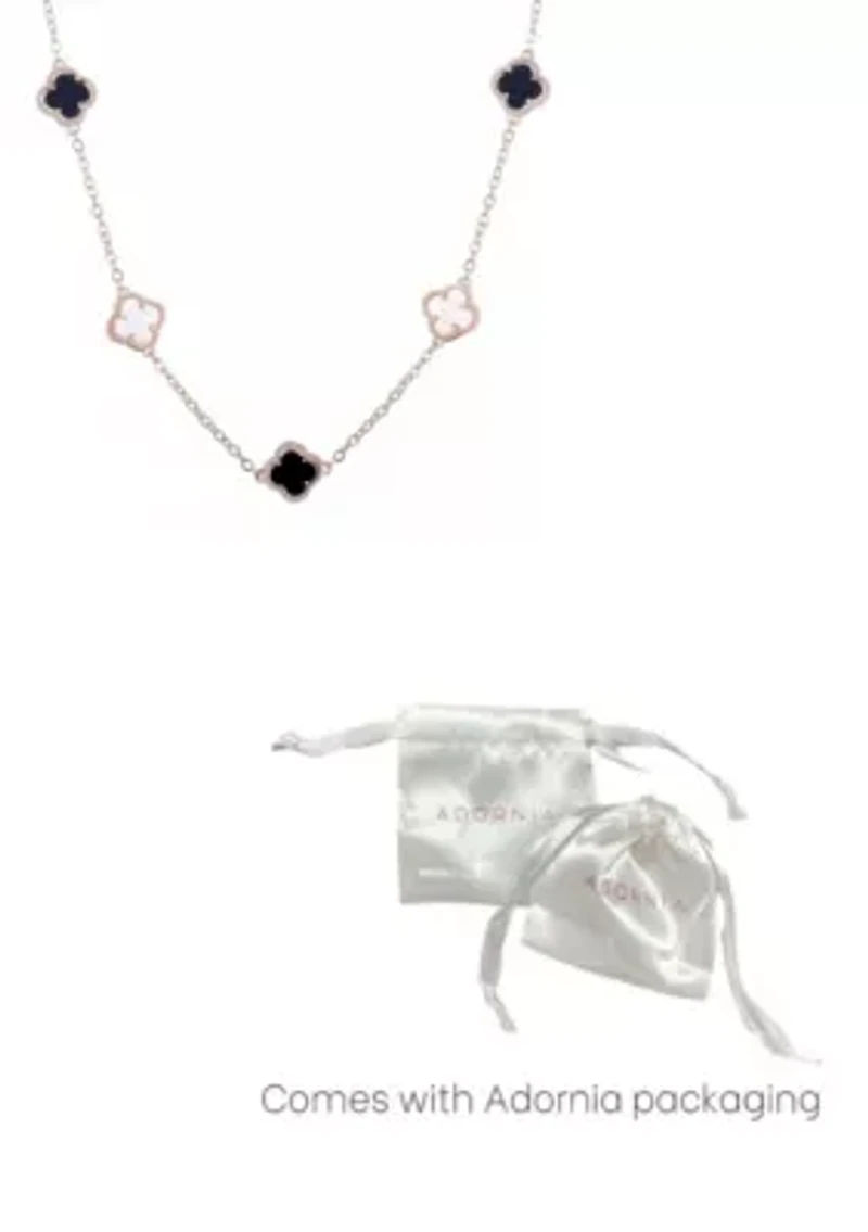14k Rose Gold Plated Mixed Black and White Clover Station Necklace