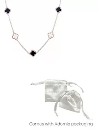 14k Rose Gold Plated Mixed Black and White Clover Station Necklace