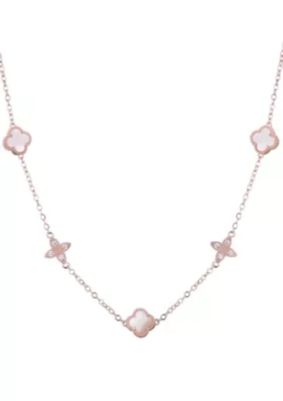 14k Rose Gold Plated Mother of Pearl CZ Clover Station Necklace