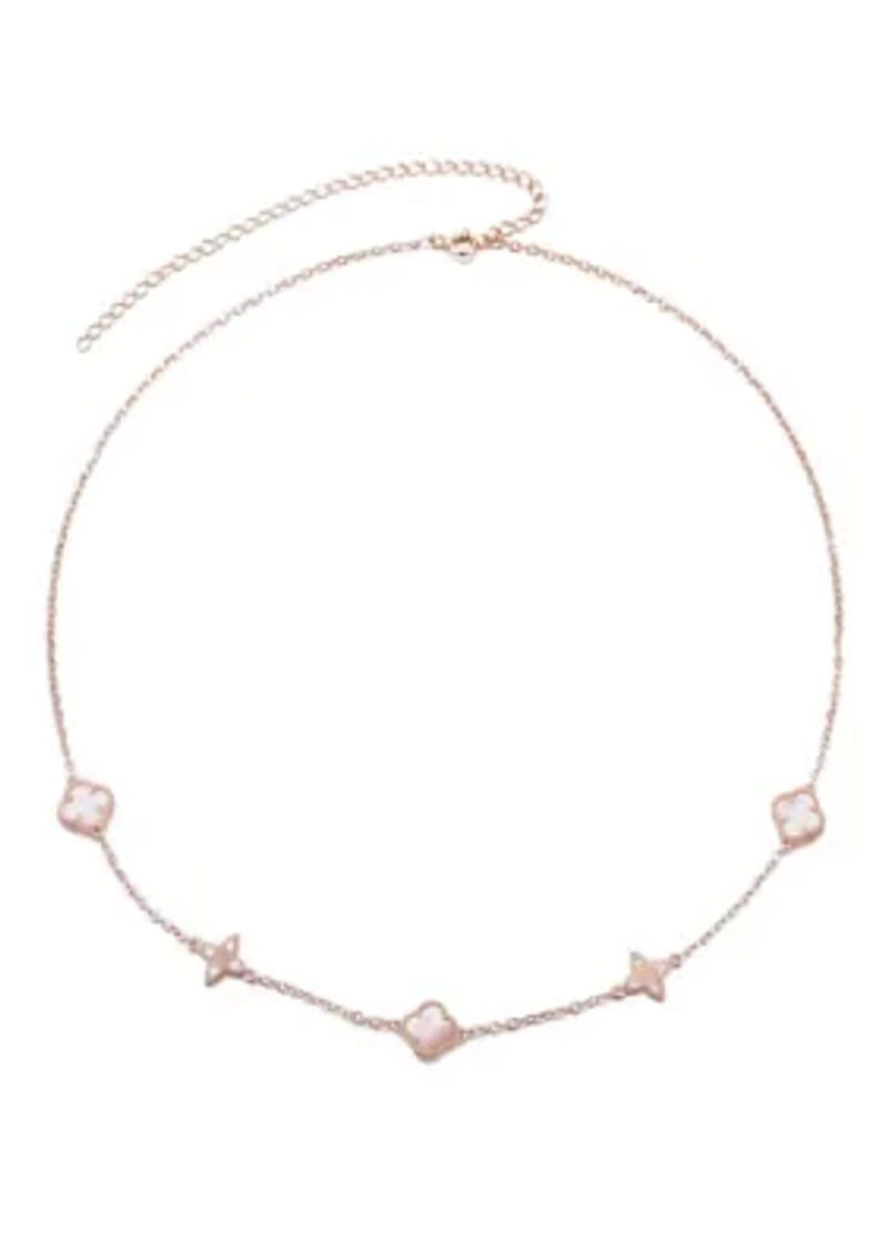 14k Rose Gold Plated Mother of Pearl CZ Clover Station Necklace