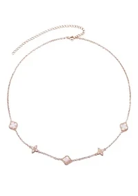 14k Rose Gold Plated Mother of Pearl CZ Clover Station Necklace