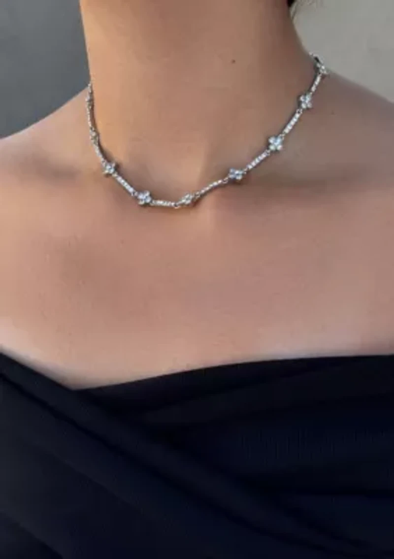 Silver Plated Crystal Clover Tennis Necklace