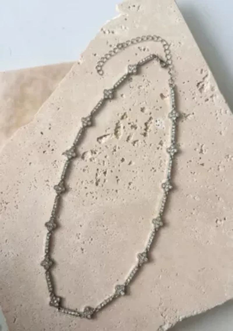 Silver Plated Crystal Clover Tennis Necklace