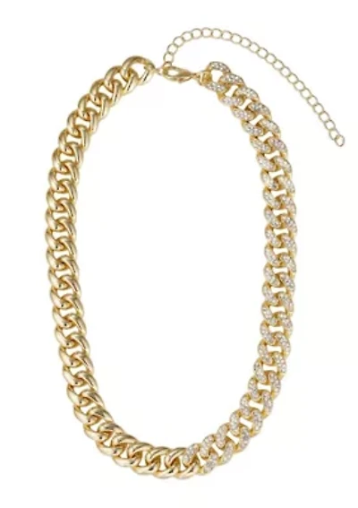 14k Gold Plated Half Crystal Curb Chain Necklace