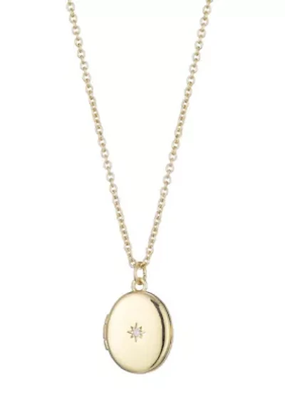 14k Gold Plated Oval Locket with CZ Starburst Necklace
