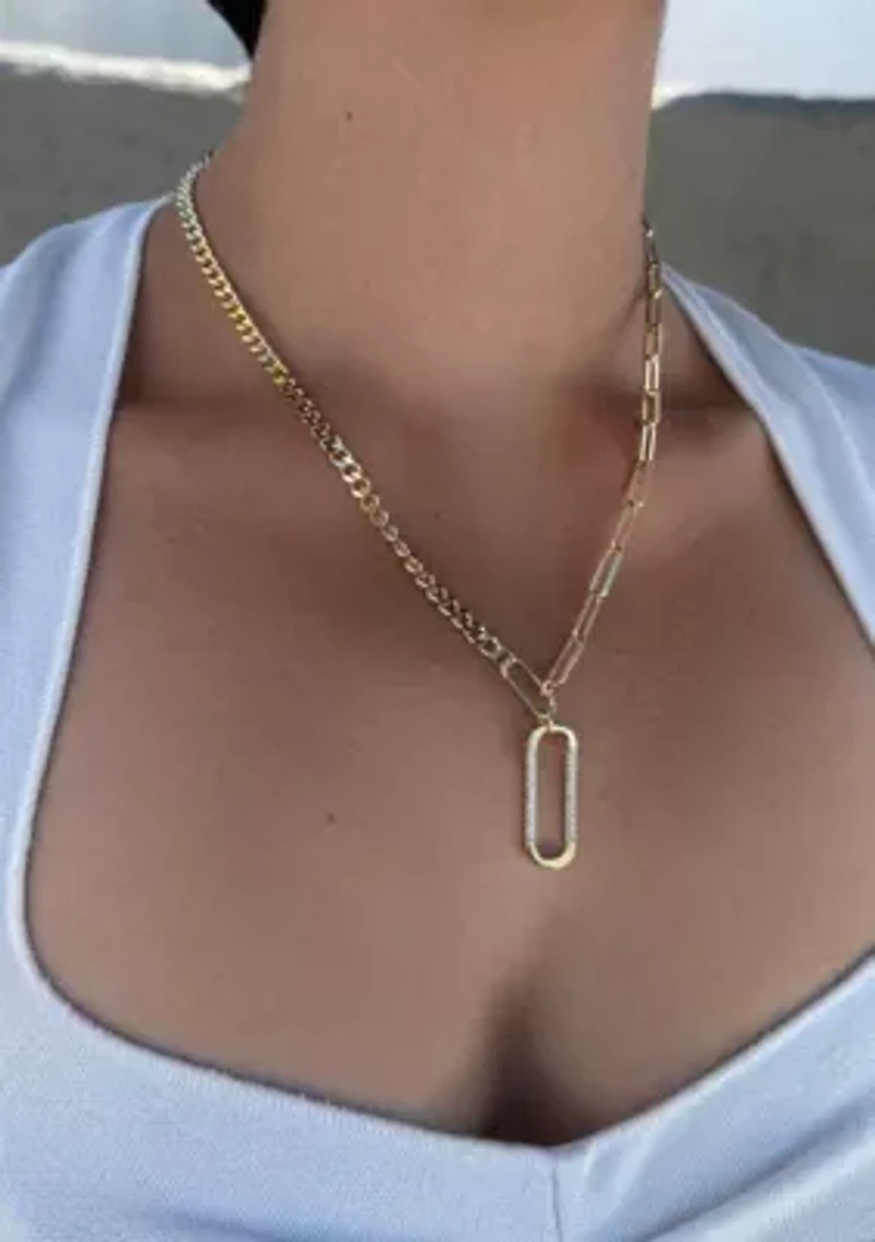 14k Gold Plated Mixed Chain CZ Oval Pendant Necklace