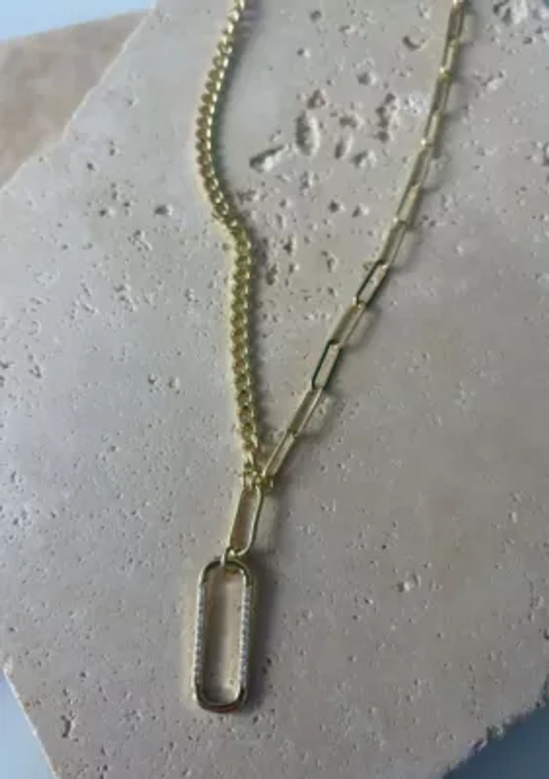 14k Gold Plated Mixed Chain CZ Oval Pendant Necklace