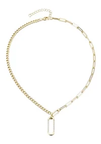 14k Gold Plated Mixed Chain CZ Oval Pendant Necklace