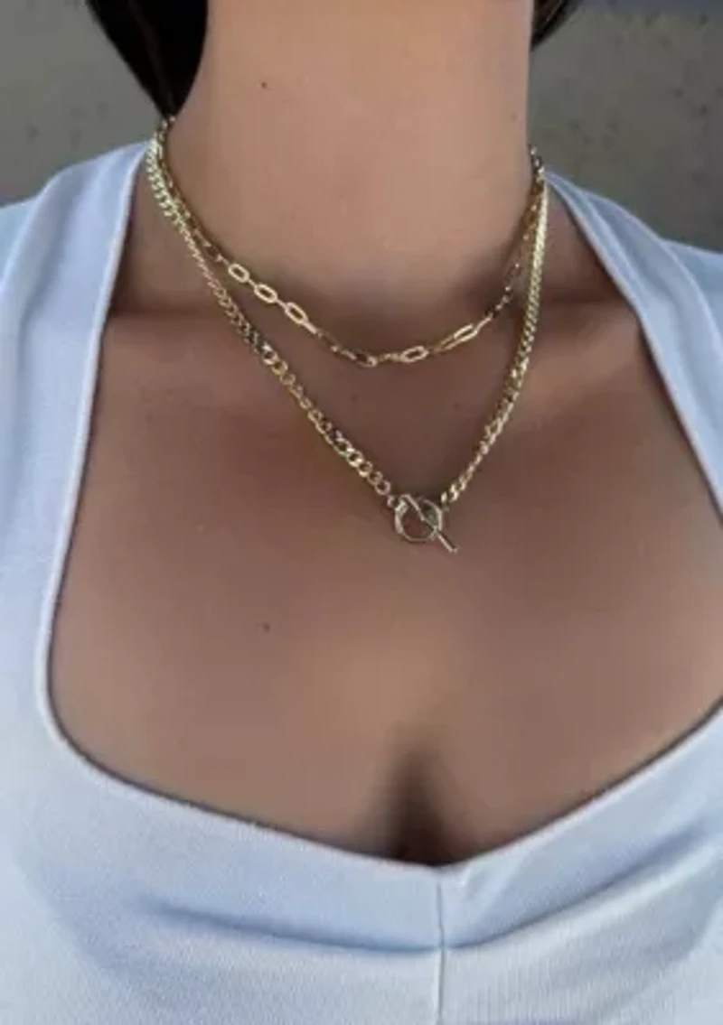 14k Gold Plated Toggle and Paperclip Set of 2 Necklaces