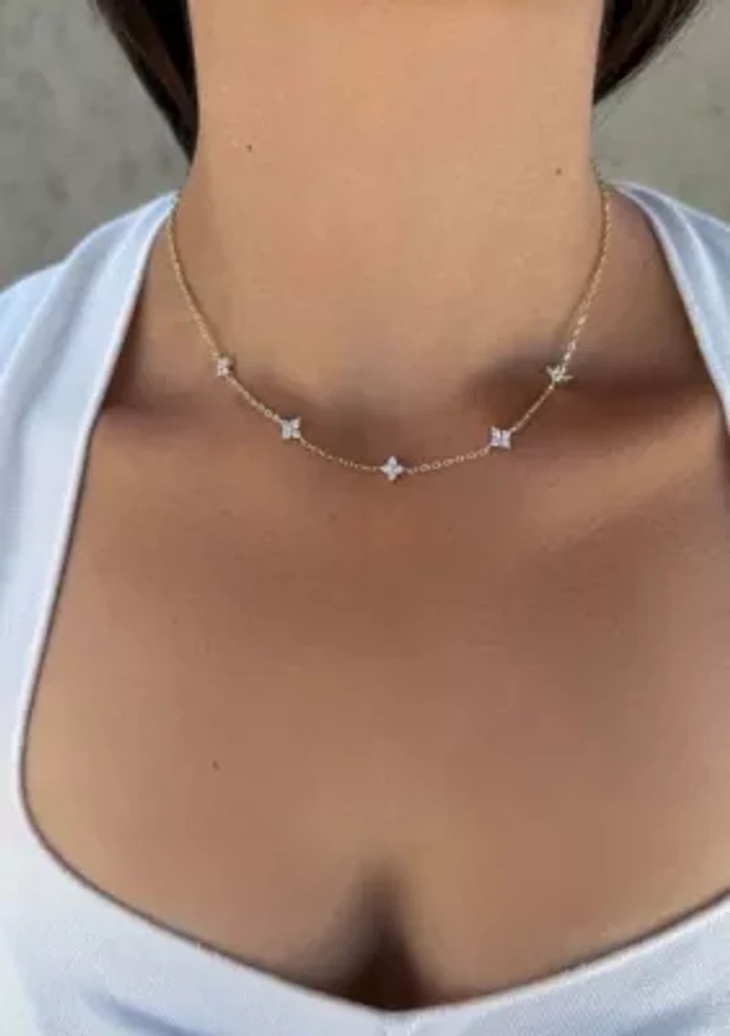 14k Gold Plated CZ Flower Station Necklace