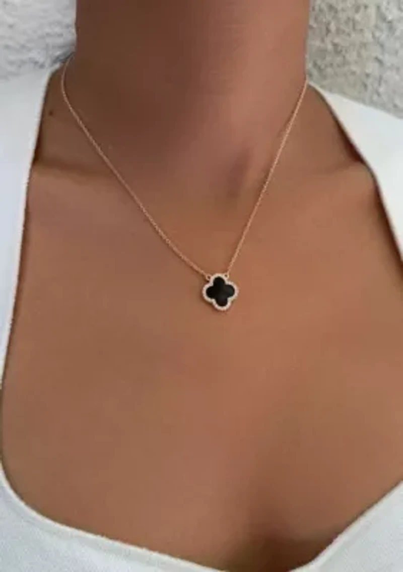 14k Rose Gold Plated CZ Black Clover Necklace