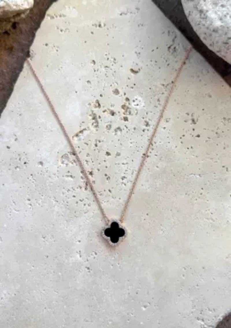 14k Rose Gold Plated CZ Black Clover Necklace