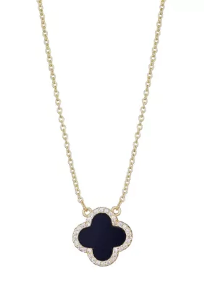 14k Yellow Gold Plated CZ Black Clover Necklace