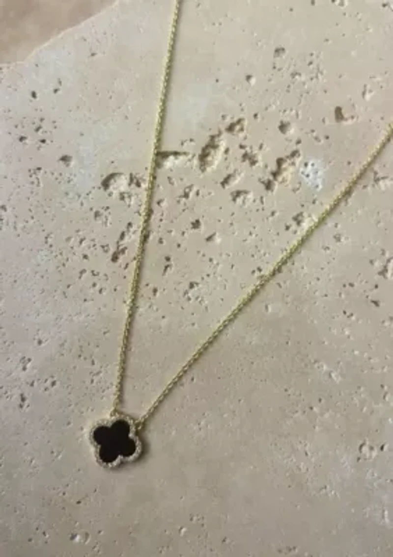 14k Yellow Gold Plated CZ Black Clover Necklace