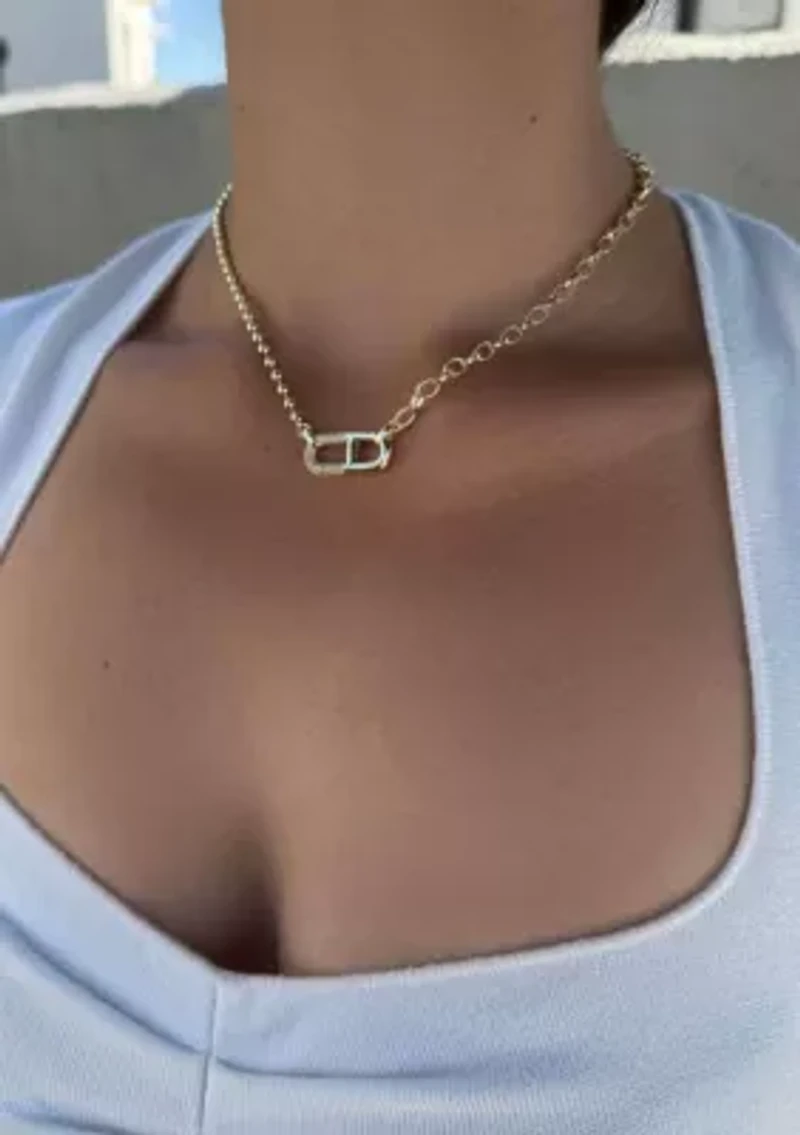 14k Gold Plated Mixed Chain CZ Sideways Pendant Necklace