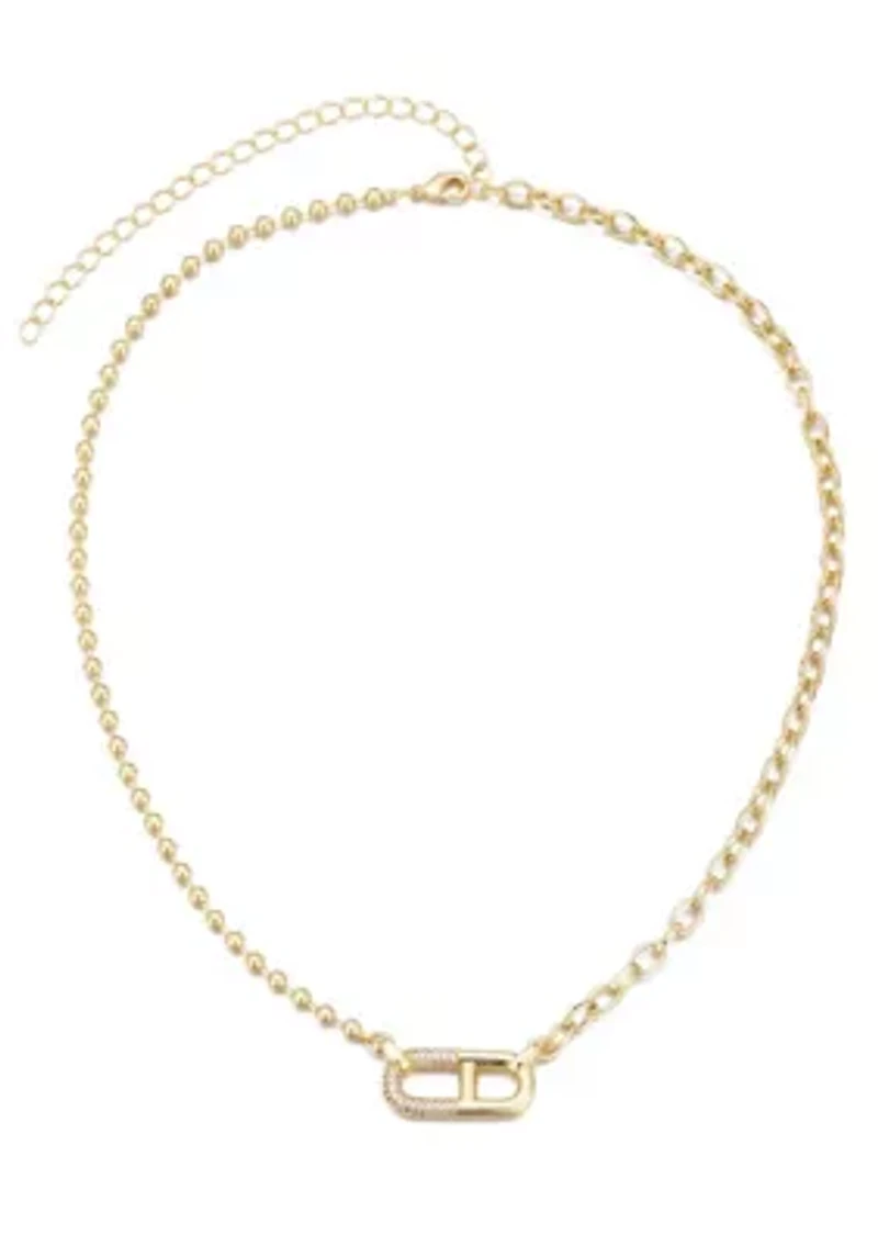 14k Gold Plated Mixed Chain CZ Sideways Pendant Necklace