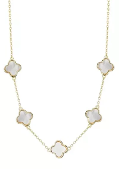 14k Yellow Gold Plated Mother of Pearl Clover Station Necklace