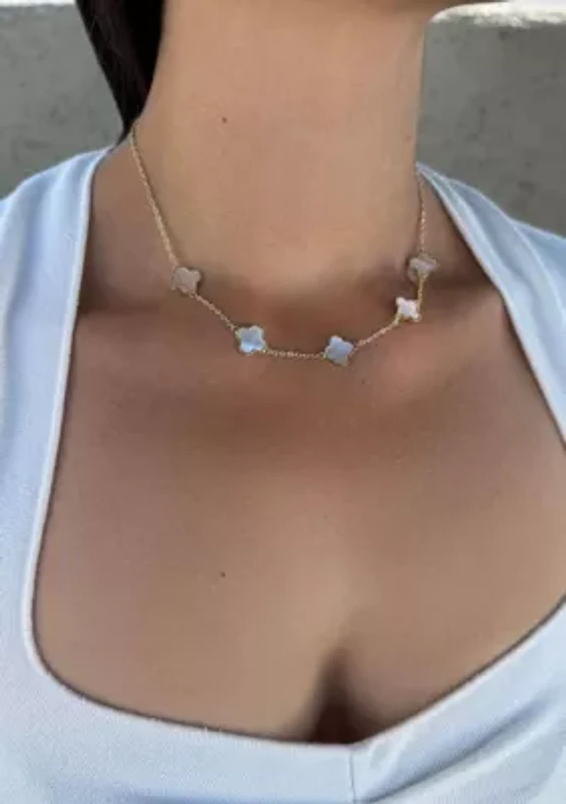 14k Yellow Gold Plated Mother of Pearl Clover Station Necklace