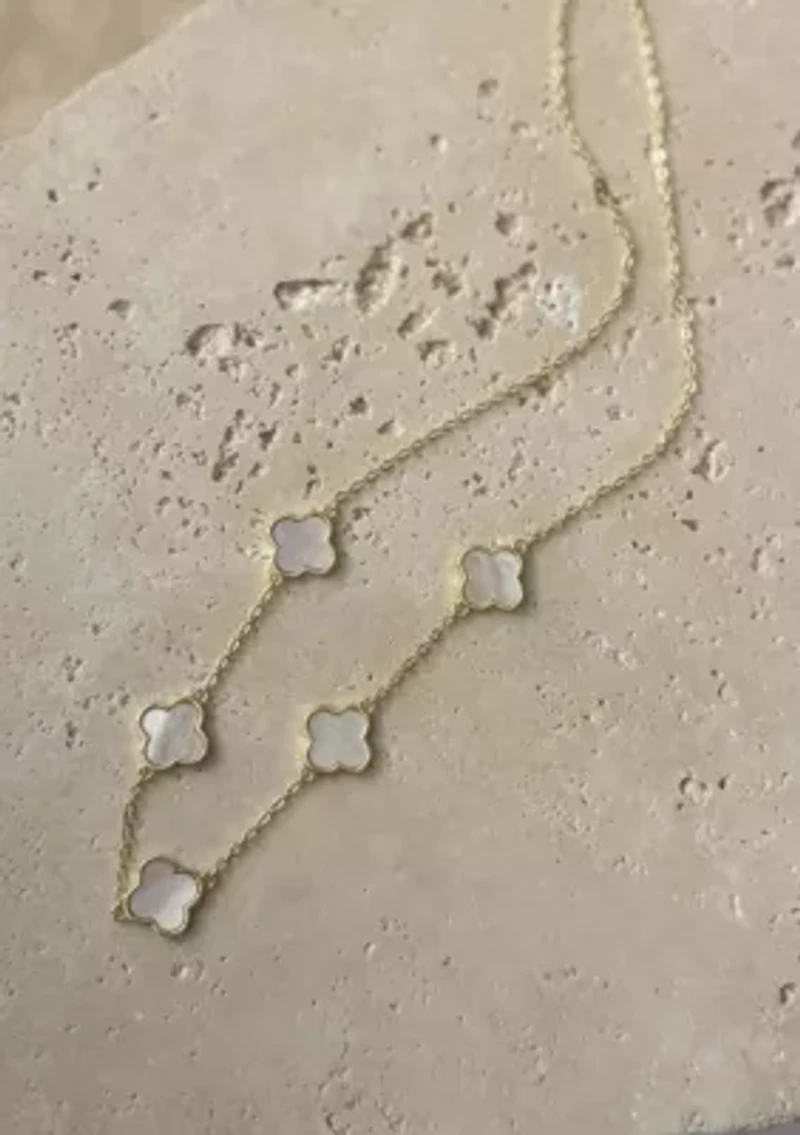 14k Yellow Gold Plated Mother of Pearl Clover Station Necklace