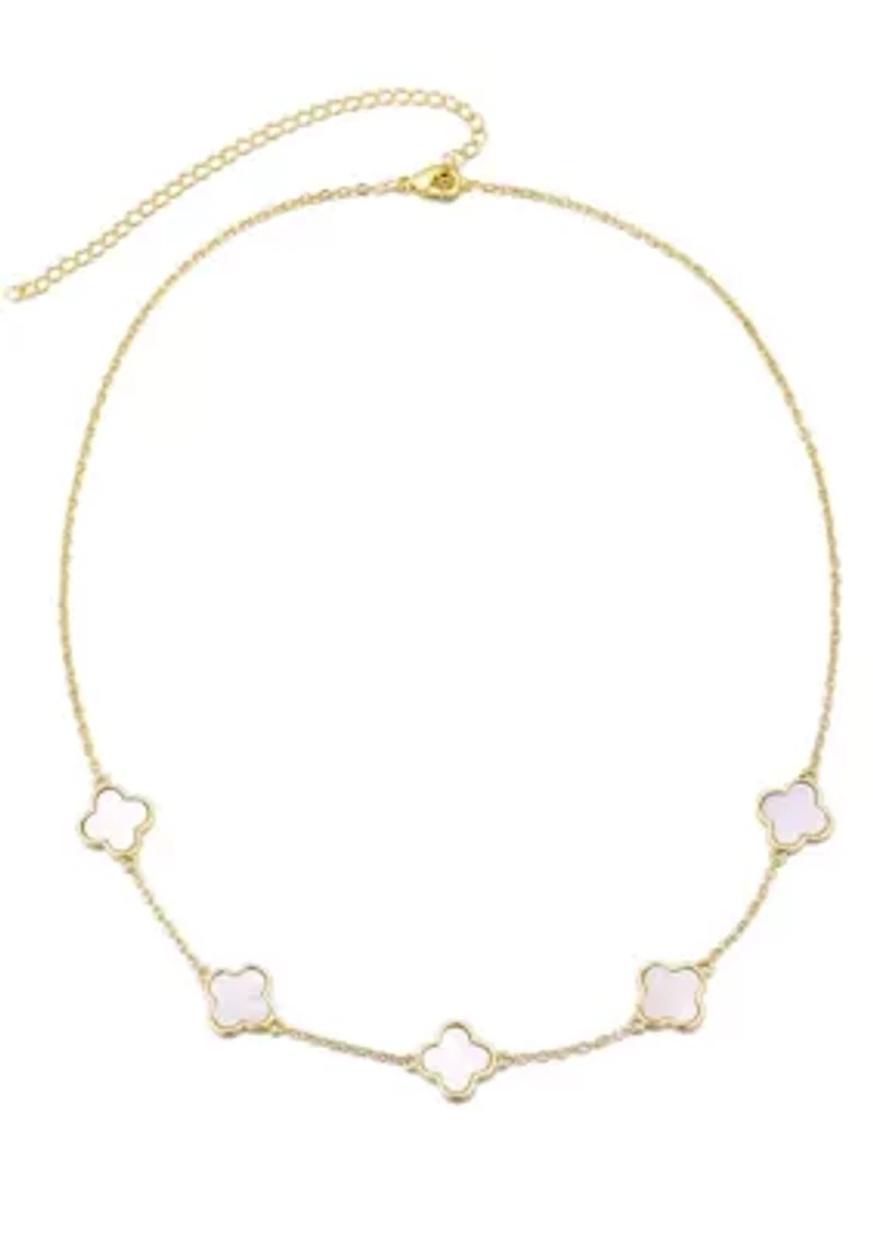 14k Yellow Gold Plated Mother of Pearl Clover Station Necklace