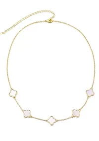 14k Yellow Gold Plated Mother of Pearl Clover Station Necklace
