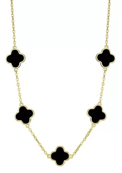 14k Yellow Gold Plated Black Clover Station Necklace