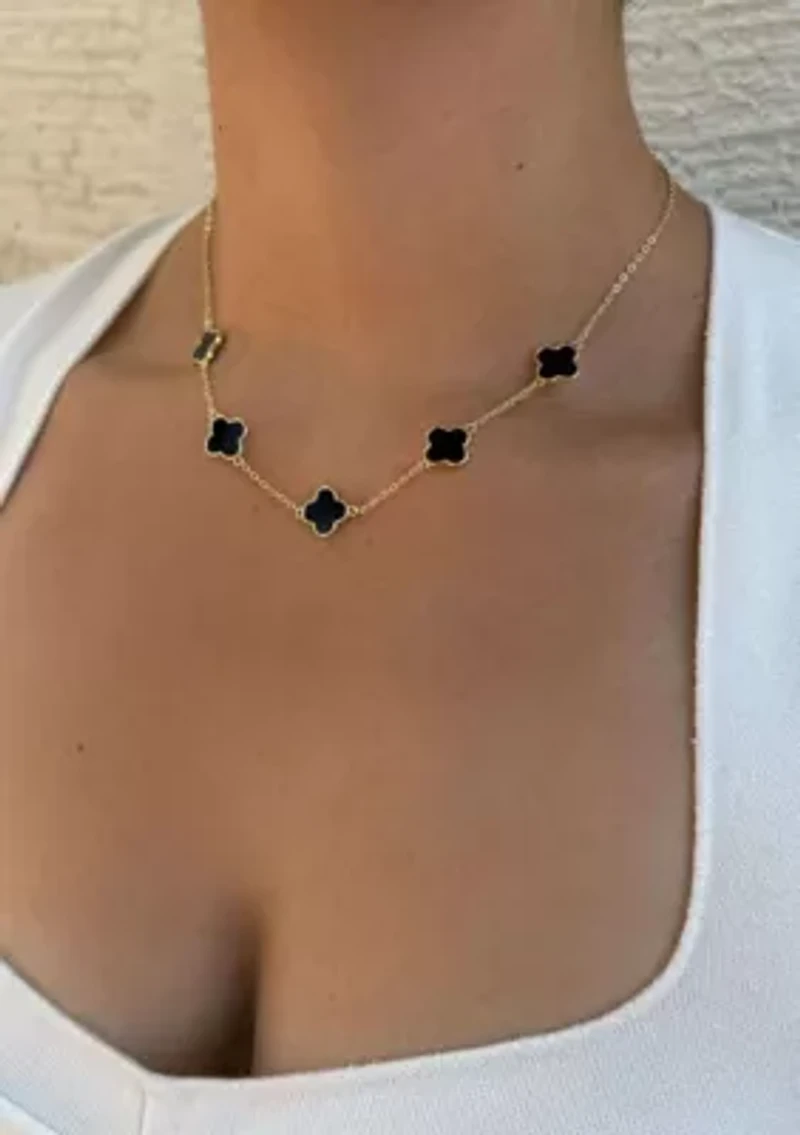 14k Yellow Gold Plated Black Clover Station Necklace