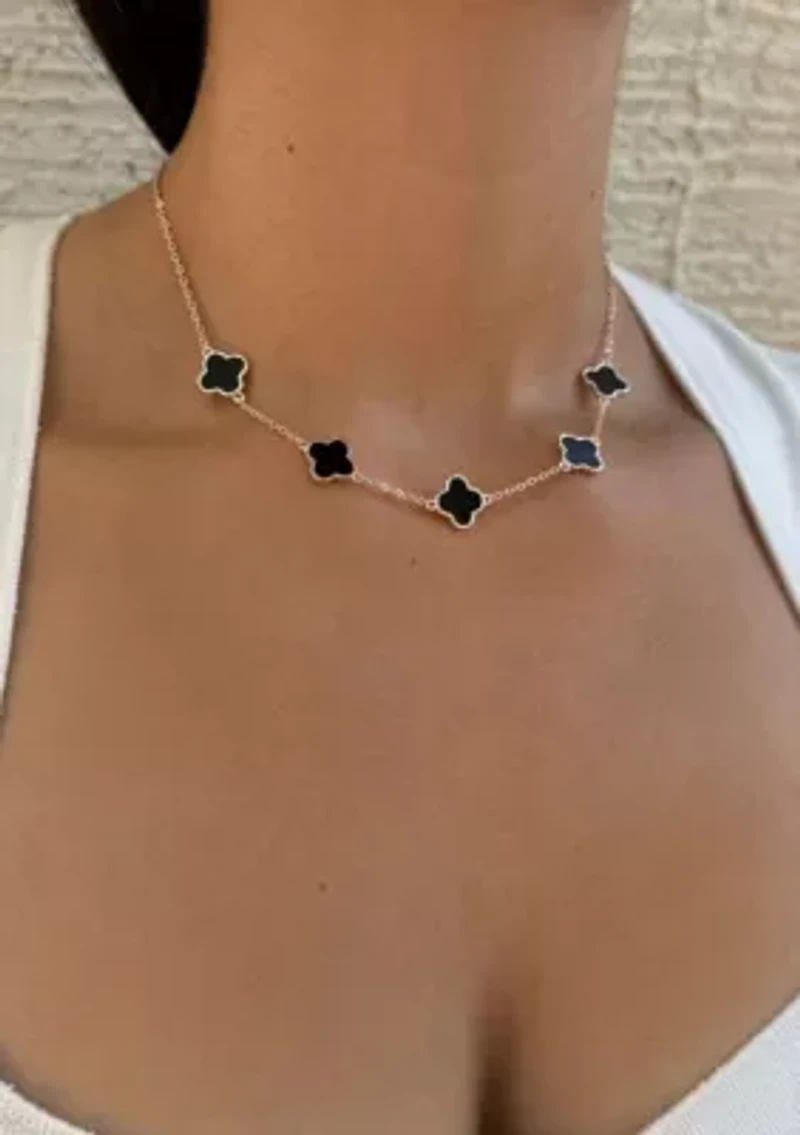 14k Rose Gold Plated Black Clover Station Necklace