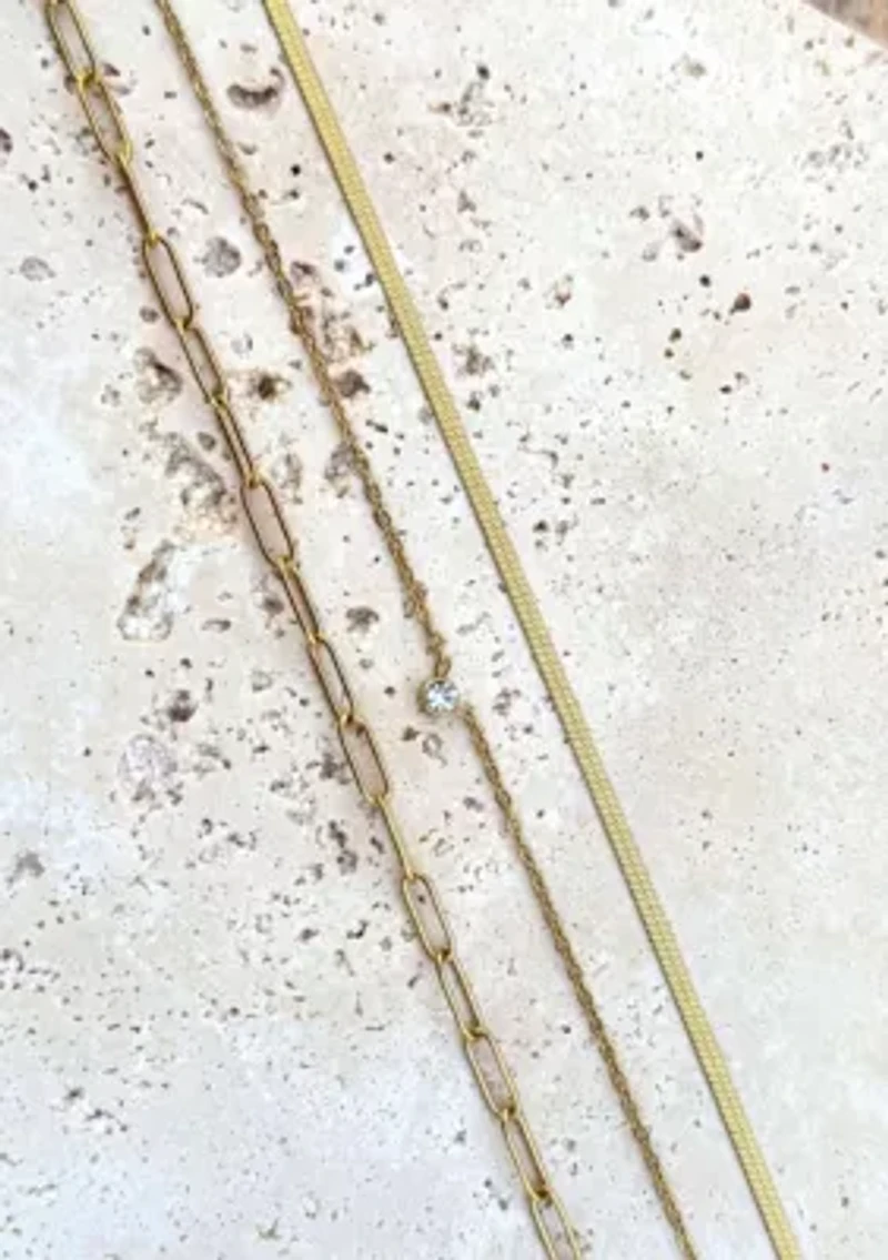 Tarnish Resistant 18k Gold Plated CZ Solitaire Pendant and 2 Chain Necklace Set