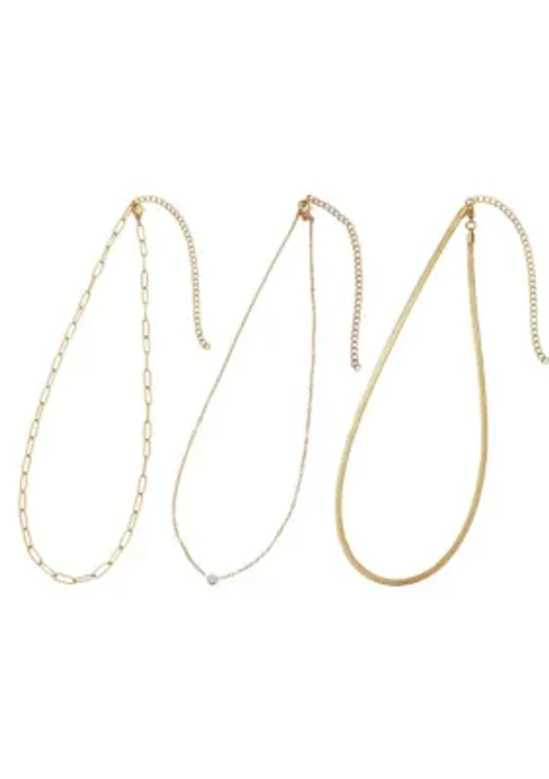 Tarnish Resistant 18k Gold Plated CZ Solitaire Pendant and 2 Chain Necklace Set