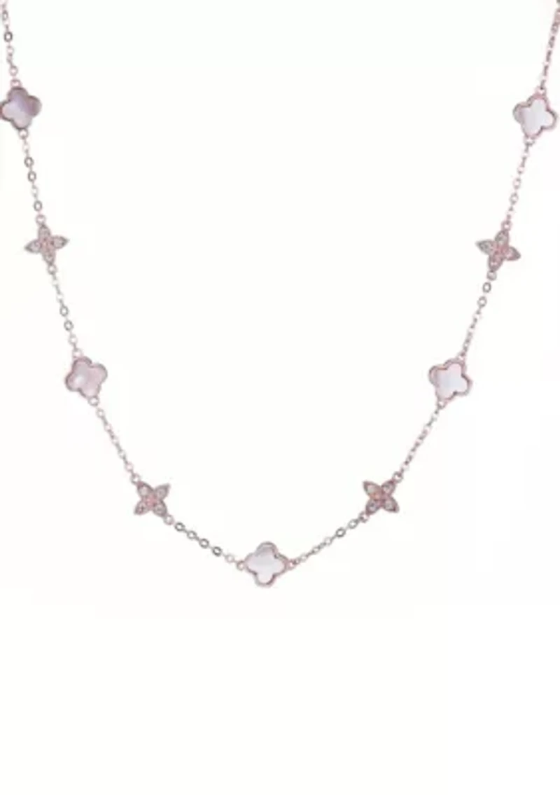 14k Rose Gold Plated Mixed Mother of Pearl and CZ Clover Station Necklace