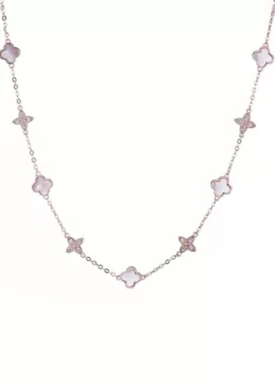 14k Rose Gold Plated Mixed Mother of Pearl and CZ Clover Station Necklace