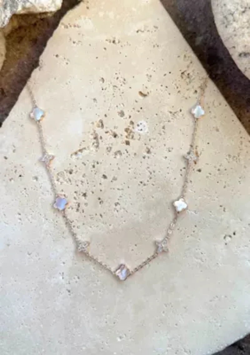 14k Rose Gold Plated Mixed Mother of Pearl and CZ Clover Station Necklace